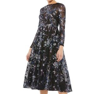 New Mac Duggal Embellished Illusion Sleeve Midi Dress